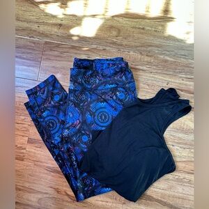 Danskin Black and Blue Patterned Leggings with Black Avia Tank Top Bundle